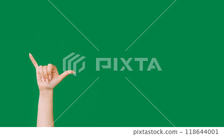 Shaka sign. Call gesture. Hang loose. Ringing phone sign. Female hand showing greeting signal isolated on green empty space background. Shaka sign. Call gesture. Hang loose. Ringing phone sign. Female hand showing greeting signal isolated on green empty space background. 118644001
