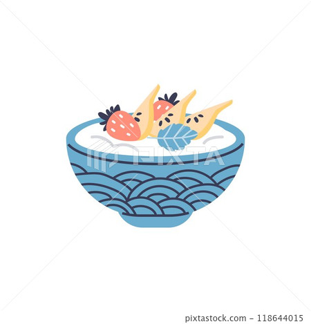 Vector icon a bowl of yogurt with strawberries and a pear on a white background Vector icon a bowl of yogurt with strawberries and a pear on a white background 118644015