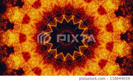 Glowing kaleidoscope round orange black color light hypnotic mandala art illustration abstract background. Glowing kaleidoscope round orange black color light hypnotic mandala art illustration abstract background. 118644039
