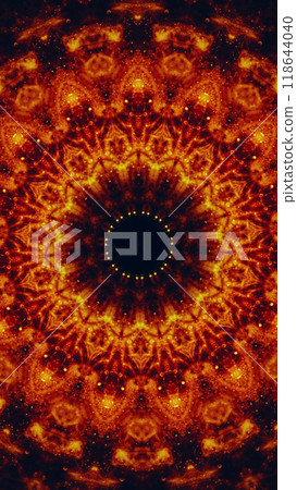 Intricate kaleidoscope pattern with fiery orange red colors and symmetrical design art illustration abstract background. 118644040