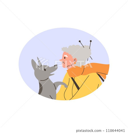 Vector illustration of a gray-haired grandmother and her gray dog in a round frame. 118644041