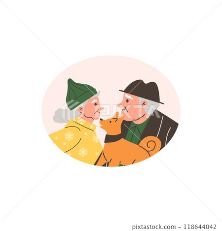 Vector graphic of a retired couple with gray hair happily spending time with their dog Vector graphic of a retired couple with gray hair happily spending time with their dog 118644042