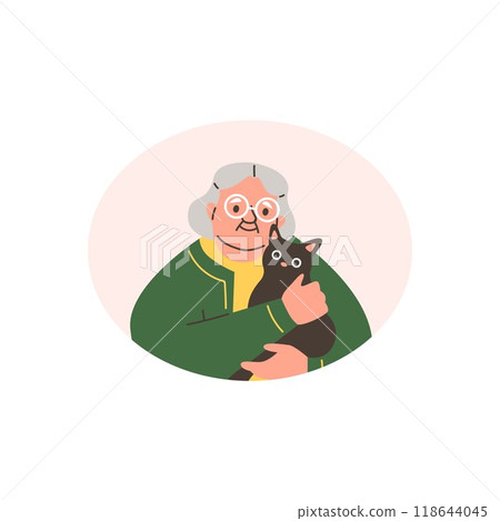 Elderly woman hugs a black cat, vector cartoon senior owner with adorable kitten, animal care love pet friend oval frame Elderly woman hugs a black cat, vector cartoon senior owner with adorable kitten, animal care love pet friend oval frame 118644045
