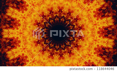 Vibrant fiery kaleidoscope with intricate repetitive patterns hypnotic glowing orange art illustration abstract background. Vibrant fiery kaleidoscope with intricate repetitive patterns hypnotic glowing orange art illustration abstract background. 118644046
