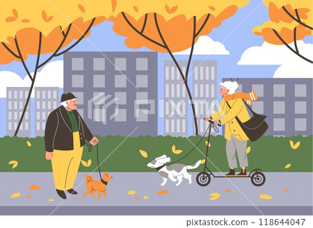 Active senior people walking with dogs and riding electric scooter on autumn city landscape vector cartoon illustration 118644047