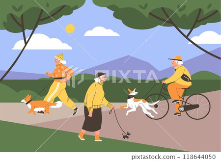Vector illustration of happy elderly woman and man with dogs on leash as they walk Vector illustration of happy elderly woman and man with dogs on leash as they walk 118644050