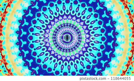 Vibrant kaleidoscope mandala with intricate cyan blue red radial patterns mesmerizing details art illustration abstract background. 118644055
