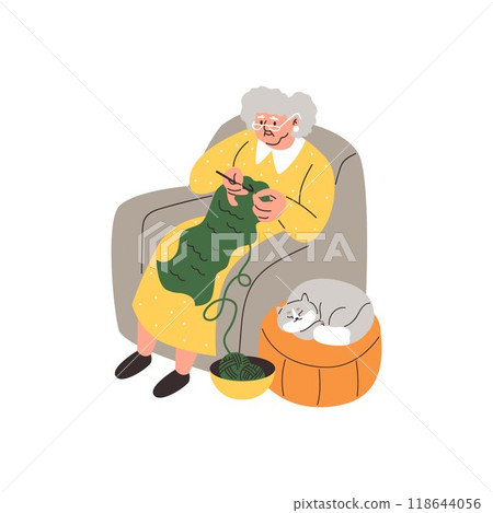 Elderly woman knitting in armchair with cute kitten sleeping on the ottoman nearby, vector cartoon senior owner with cat Elderly woman knitting in armchair with cute kitten sleeping on the ottoman nearby, vector cartoon senior owner with cat 118644056