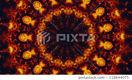 Intricate fiery kaleidoscopic design with vibrant orange red colors symmetry hypnotic art illustration abstract background. 118644075