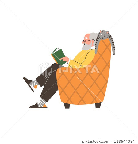Illustration of gray-haired grandpa reading a book while a gray cat sleeps nearby. 118644084
