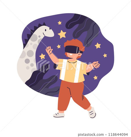 Vector graphics a boy playing with virtual reality glasses in a virtual world with dinosaur Vector graphics a boy playing with virtual reality glasses in a virtual world with dinosaur 118644094