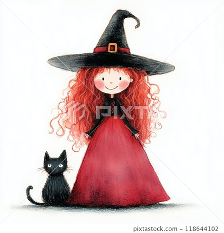 A cheerful witch with red hair and a black cat in a playful Halloween setting 118644102