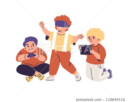 Kids with gadgets, happy boys playing game with joystick, tablet, virtual reality glasses, vector cartoon entertainment 118644110