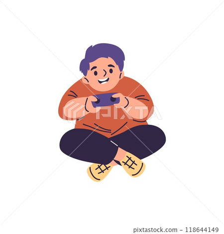 Vector illustration with a little boy enthusiastically playing with a joystick in his hands 118644149