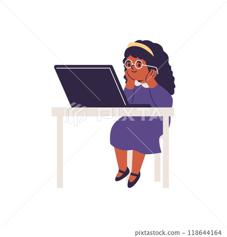 Cute girl watching at the laptop or tablet, vector child using gadgets, online education, communication entertainment Cute girl watching at the laptop or tablet, vector child using gadgets, online education, communication entertainment 118644164