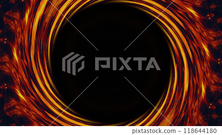 Black hole with bright accretion disk showcasing celestial space in orange glowing round frame art illustration abstract background. 118644180