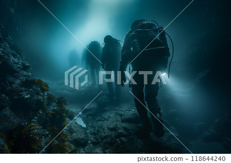 A group of researchers studying the bioluminescent creatures of the deep sea.Scuba divers exploring underwater cave with diving equipment 118644240