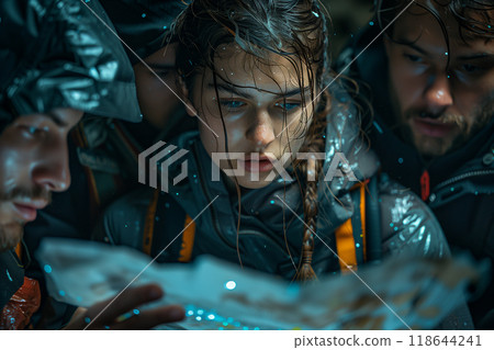 A group of explorers discovering a new species of bioluminescent jellyfish. a group of people are looking at a map in the dark 118644241