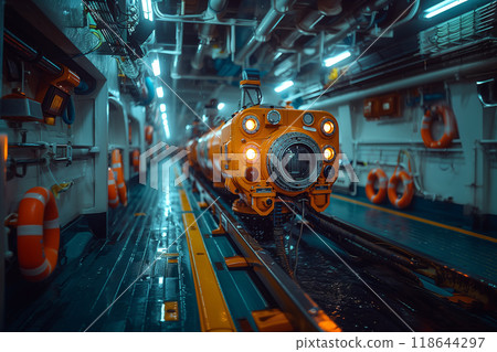 A research vessel equipped with ROVs (Remotely Operated Vehicles) for deep-sea exploration. Train in tunnel with automotive lighting sits on tracks powered by electricity 118644297