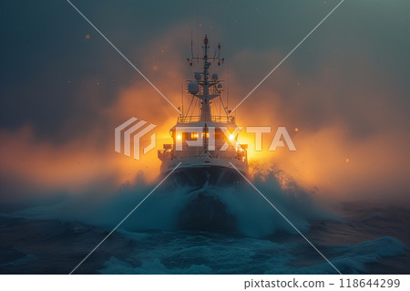 A research vessel equipped with state-of-the-art technology for ocean exploration. Boat glides on water under night sky, illuminated by afterglow 118644299