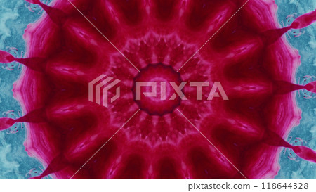 Kaleidoscope pattern vibrant red pink blue color paint symmetry circle design art illustration abstract background. 118644328