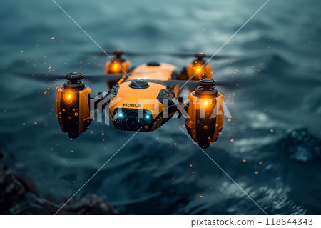 An underwater drone capturing footage of a mesmerizing bioluminescent bloom.Electric blue drone hovers above liquid landscape 118644343
