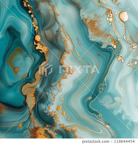 Abstract fluid art with turquoise, gold, and white colors creating a stunning visual effect 118644454