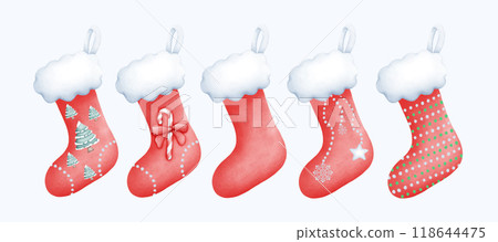 Cute Watercolor Christmas Stocking Illustration for Holiday Decorations and Gifts Cute Watercolor Christmas Stocking Illustration for Holiday Decorations and Gifts 118644475