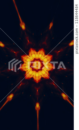 Vivid mandala with starburst orange rays effects cosmic ethereal elements on dark black art illustration abstract background. 118644484