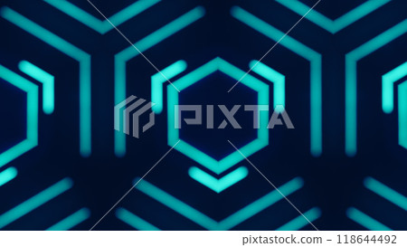 Abstract futuristic neon glowing hexagonal pattern with glowing lines on dark modern design art illustration background. Abstract futuristic neon glowing hexagonal pattern with glowing lines on dark modern design art illustration background. 118644492