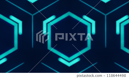 Hexagonal pattern in vivid neon blue contemporary futuristic designs art illustration abstract background. 118644498