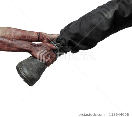 A zombie hand with a bloody wound grabs a human shoe. Zombie, devil, evil, satan, or monster hands isolated over a white background A zombie hand with a bloody wound grabs a human shoe. Zombie, devil, evil, satan, or monster hands isolated over a white background 118644606