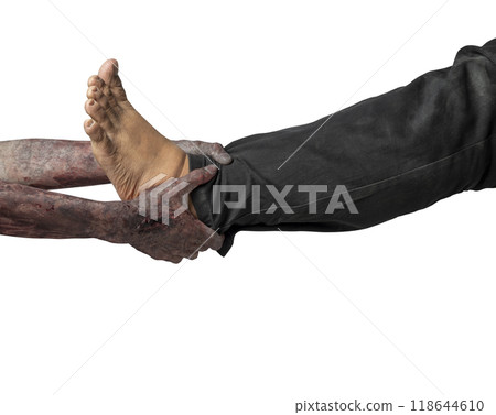 A zombie hand with a bloody wound grabs a human leg. Zombie, devil, evil, satan, or monster hands isolated over a white background 118644610