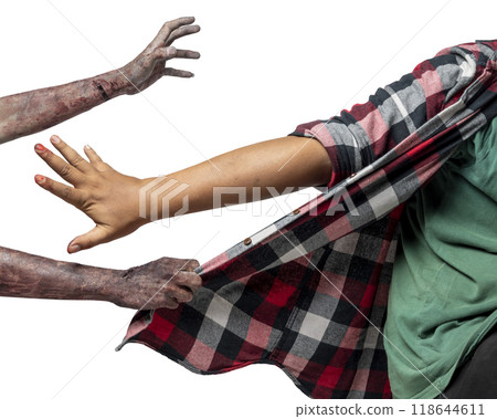 A zombie hand with a bloody wound grabs a human shirt. Zombie, devil, evil, satan, or monster hands isolated over a white background 118644611