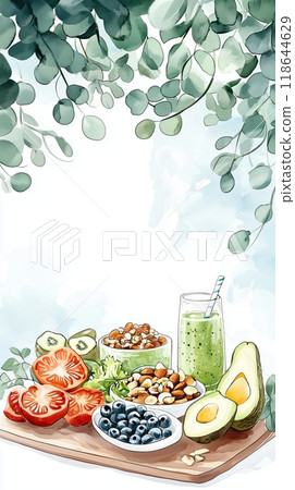 Freshly prepared healthy snacks with fruits, nuts, and a smoothie on a wooden platter 118644629