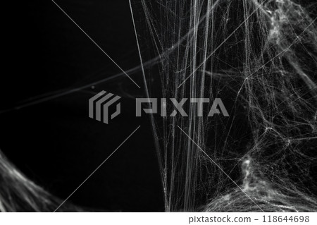 Spooky creepy cobweb spiders web covered a black background. Abstract halloween background. 118644698