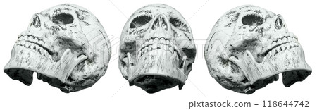 Set of human skull heads isolated over a white background. The human skull, devil, evil, or zombie head are positioned at various angles. The scene is eerie and unsettling 118644742
