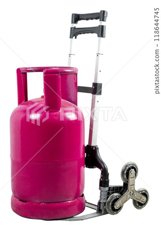 A red gas cylinder is being transported by a wheeled cart isolated over a white background 118644745