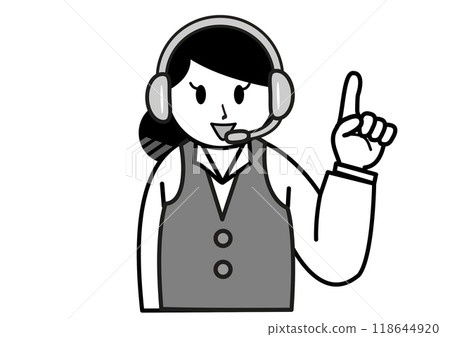 戴著耳機擺出指向姿勢的年輕女子 戴著耳機擺出指向姿勢的年輕女子 118644920