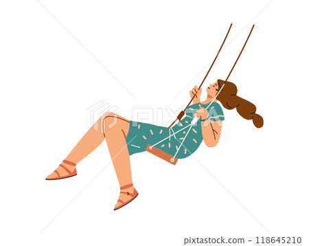 Illustration of a happy woman swinging on a swing, wearing a dress. 118645210