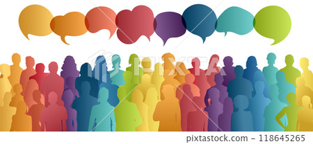 Communication across diverse cultures - Multicultural dialogue represented by colored silhouettes and speech bubbles of multiethnic individuals. Diversity equality inclusion. Front-view Communication across diverse cultures - Multicultural dialogue represented by colored silhouettes and speech bubbles of multiethnic individuals. Diversity equality inclusion. Front-view 118645265
