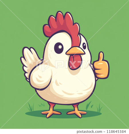 A cheerful cartoon chicken giving thumbs up on green background, radiating positivity and fun. 118645384