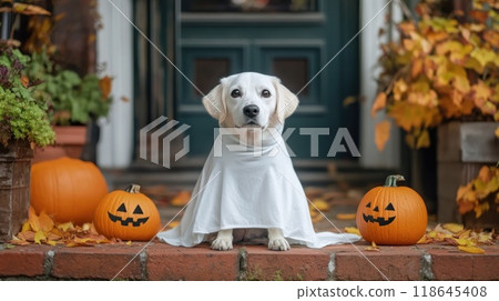 Funny dog wearing a cute ghost Halloween costume for a festive and humorous touch. 118645408