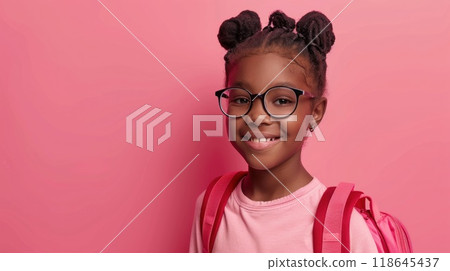 Back to school, cute black girl smiling with a backpack, glasses, plain background. 118645437