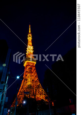 Tokyo, Japan - April 14, 2024: Night view of the castle city view from the free viewing platform of Tokyo Port District Azabudaiyama (Tokyo Steel Tower). 118645507