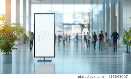 A white sign is in a large room with people walking around A white sign is in a large room with people walking around 118645607