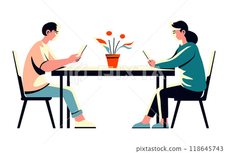 Couple Using Phones at Table 118645743