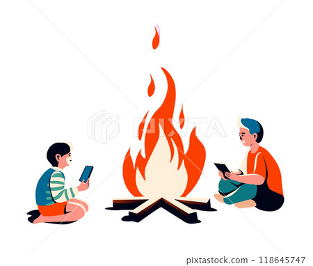 Kids Camping Near Campfire Vector 118645747