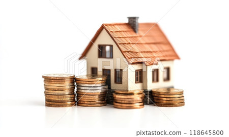 Model modern house with coins stack and money stack on soft background 118645800