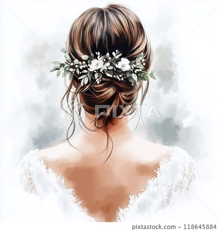 Elegant bridal hairstyle with floral accents for a wedding celebration in soft lighting Elegant bridal hairstyle with floral accents for a wedding celebration in soft lighting 118645884